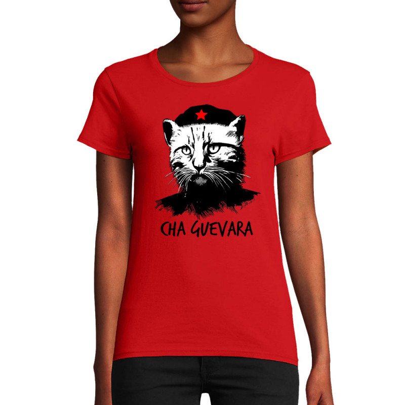 T-shirt femme coton bio rouge Cha Guevara (Animaux,Humour,Chats,Les Bébêtes)