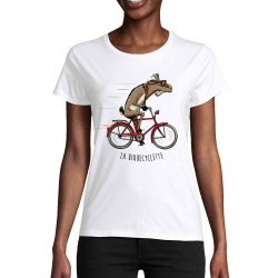 T-shirt femme coton bio blanc La Biquecyclette (Mr Mouton,Animaux,Vélo)