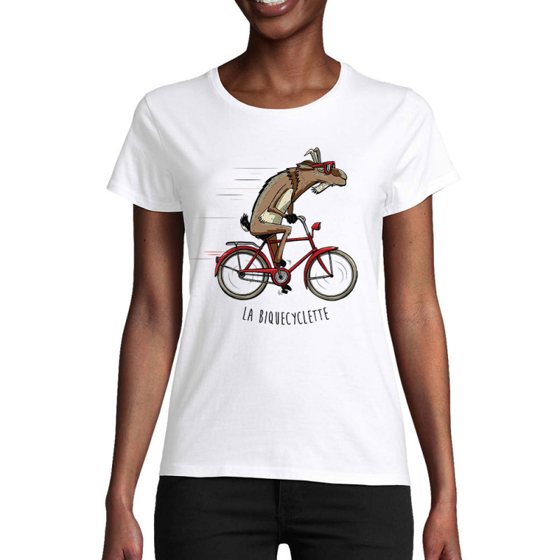 T-shirt femme coton bio blanc La Biquecyclette (Mr Mouton,Animaux,Vélo)