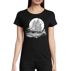 T-shirt femme coton bio noir Whale Boat (Gondrax,Animaux,Têtes de morts)