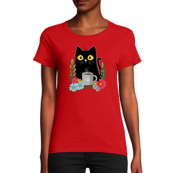 T-shirt femme coton bio rouge Coffee cat (Animaux,Fruits & Légumes,Manga Kawaï japan,Chats)