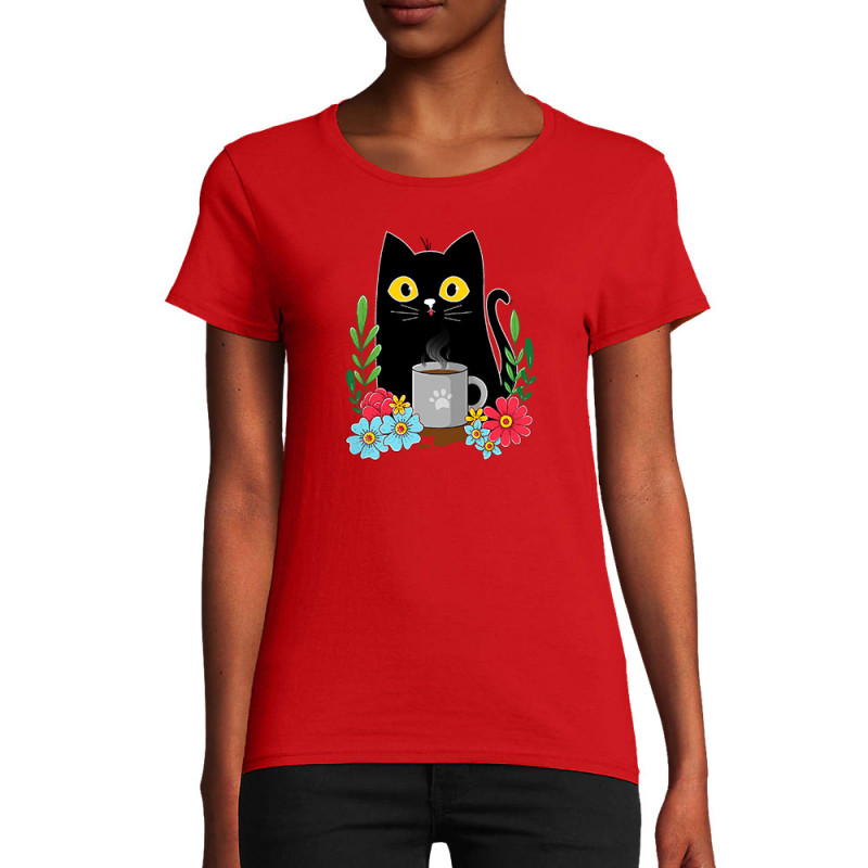T-shirt femme coton bio rouge Coffee cat (Animaux,Fruits & Légumes,Manga Kawaï japan,Chats)