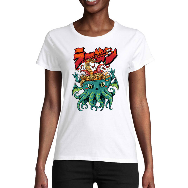 T-shirt femme coton bio blanc Cthulhu noodles (Manga Kawaï japan,Jeux Vidéo / Geek)