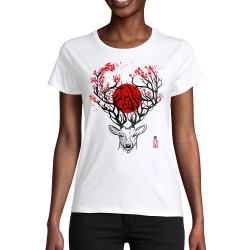 T-shirt femme coton bio blanc Cerf du Japon (Le Duc,Animaux)