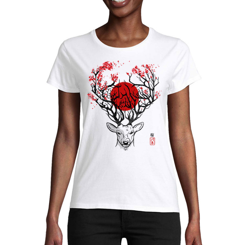 T-shirt femme coton bio blanc Cerf du Japon (Le Duc,Animaux)