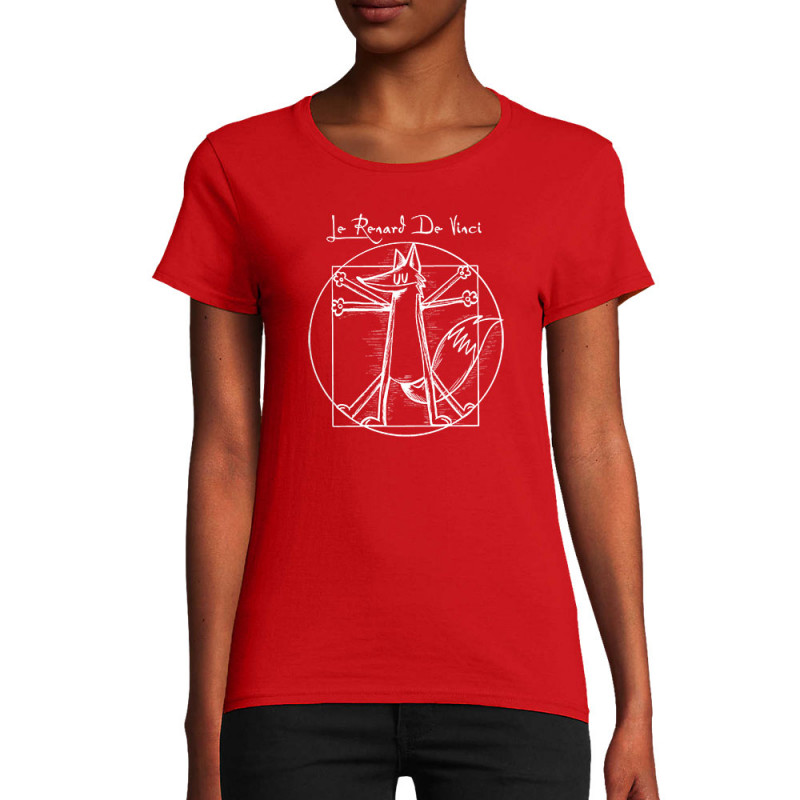 T-shirt femme coton bio rouge Le Renard de Vinci (Mr Mouton,Animaux,Homme de Vitruve)
