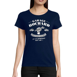 T-shirt femme coton bio bleu marine Garage Rochard 2 (Gondrax,Humour)