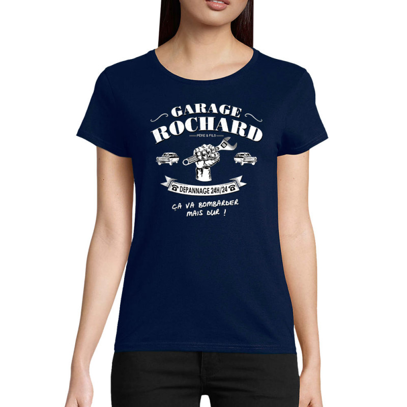 T-shirt femme coton bio bleu marine Garage Rochard 2 (Gondrax,Humour)