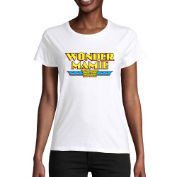T-shirt femme coton bio blanc Wonder Mamie (Gondrax,Humour,Détournements,Papa Maman Papy Mamie,Fête des mères)