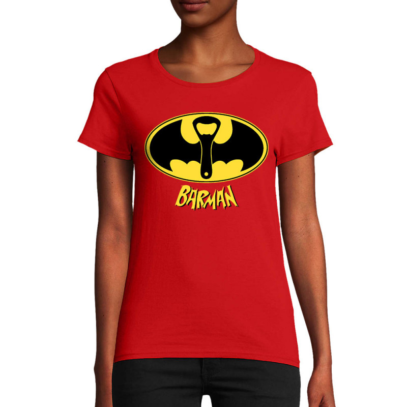 T-shirt femme coton bio rouge Barman (Gondrax,Alcool,Détournements)