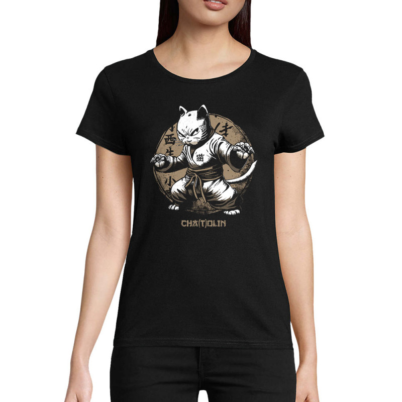 T-shirt femme coton bio noir Cha(t)olin (Gondrax,Animaux,Humour,Chats)