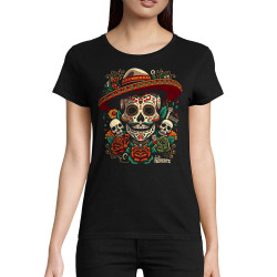 T-shirt femme coton bio noir Dia de los muertos (Santa Muerte,Têtes de morts)