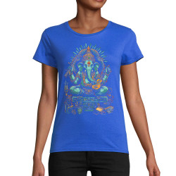 T-shirt femme coton bio bleu royal Musical Ganesh (Ethnique,Animaux)