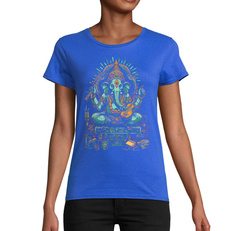 T-shirt femme coton bio bleu royal Musical Ganesh (Ethnique,Animaux)