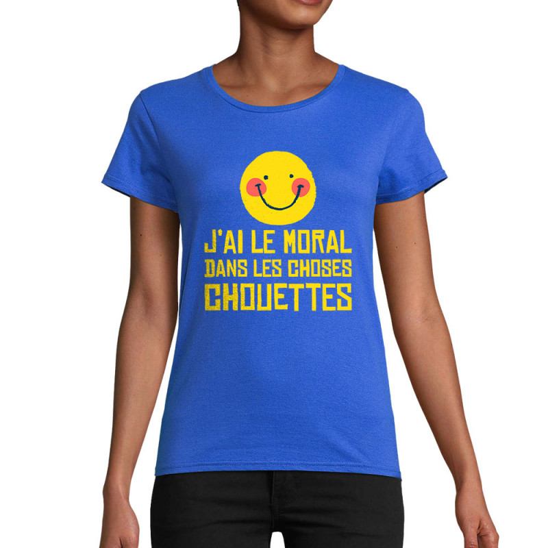 T-shirt femme coton bio bleu royal Le moral dans les choses chouettes (Andy,Humour)