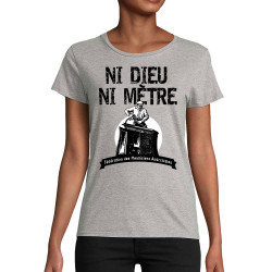 T-shirt femme coton bio gris chiné Ni Dieu ni mètre (Andy,Humour)
