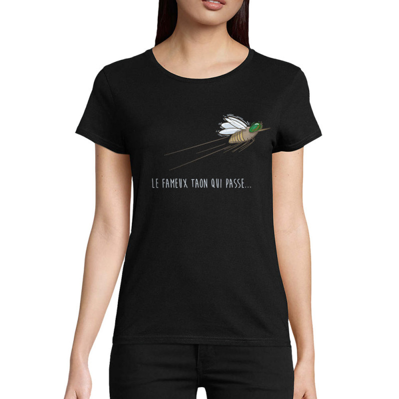 T-shirt femme coton bio noir Le fameux taon qui passe (Mr Mouton,Animaux,Humour)