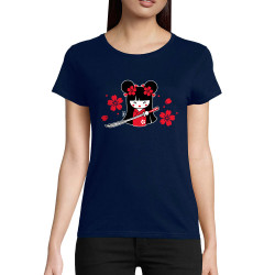 T-shirt femme coton bio bleu marine Samouraï Girl (Fantine,Manga Kawaï japan)