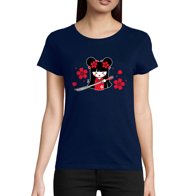 T-shirt femme coton bio bleu marine Samouraï Girl (Fantine,Manga Kawaï japan)