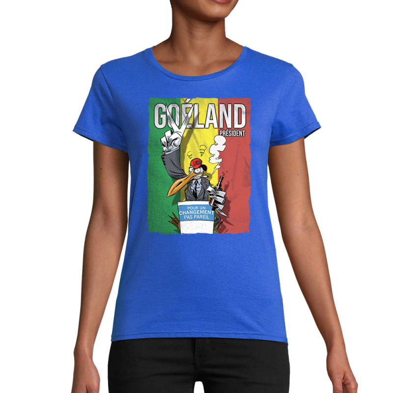 T-shirt femme coton bio bleu royal Goéland Président (Animaux,Goéland,Elections)