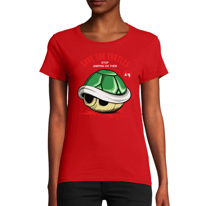 T-shirt femme coton bio rouge Save the turtles (Le Duc,Jeux Vidéo / Geek)