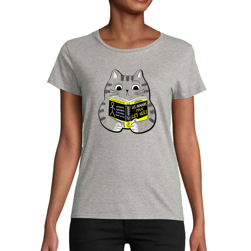 T-shirt femme coton bio gris chiné Les humains pour les nuls (Gondrax,Animaux,Chats,Humour,Devoirs de vacances)