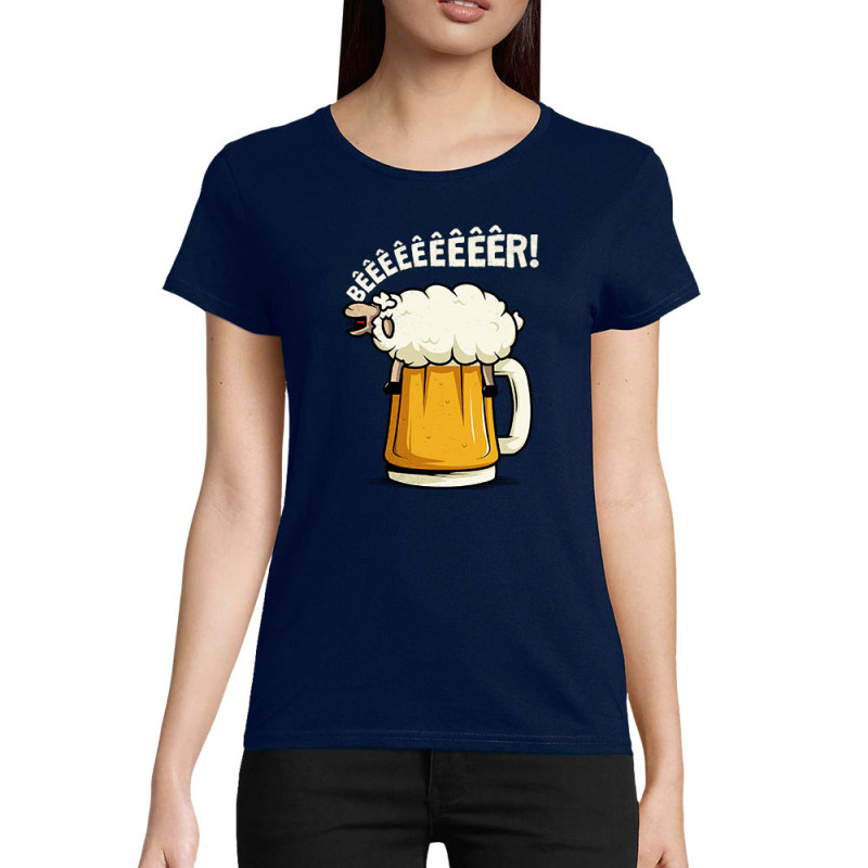 T-shirt femme coton bio bleu marine Beeeer mouton (Le Duc,Alcool,Animaux)