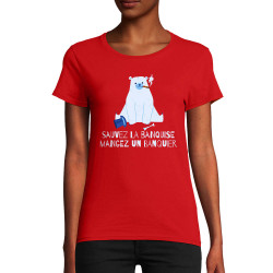 T-shirt femme coton bio rouge Sauvez la banquise (Andy,Animaux,Ecologie)