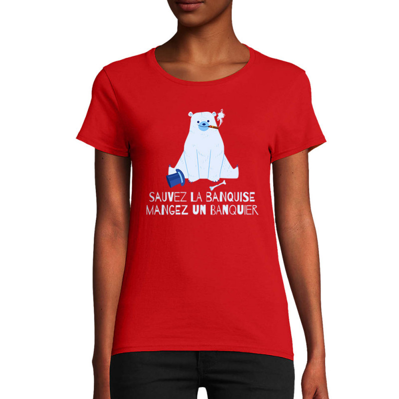 T-shirt femme coton bio rouge Sauvez la banquise (Andy,Animaux,Ecologie)