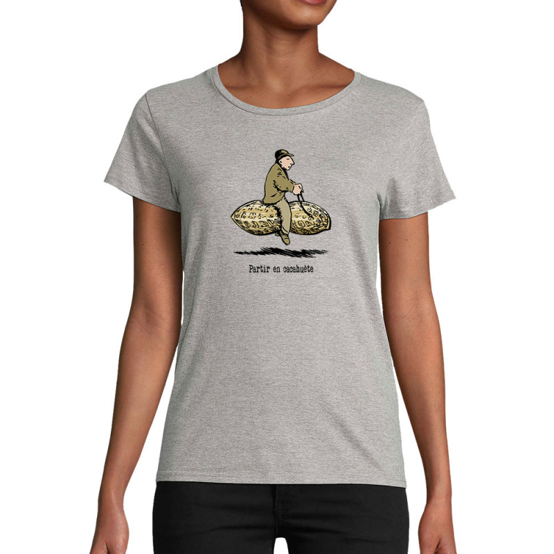 T-shirt femme coton bio gris chiné Partir en cacahuète (Gondrax,Humour,Partir en …)