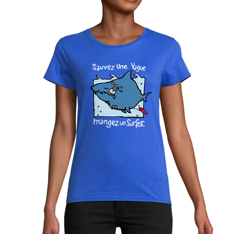 T-shirt femme coton bio bleu royal Sauvez une vague (Humour,Animaux)