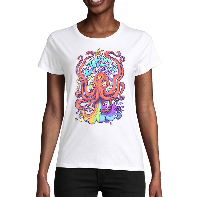 T-shirt femme coton bio blanc Octopeace and Love (Mr Mouton,Animaux,Humour)