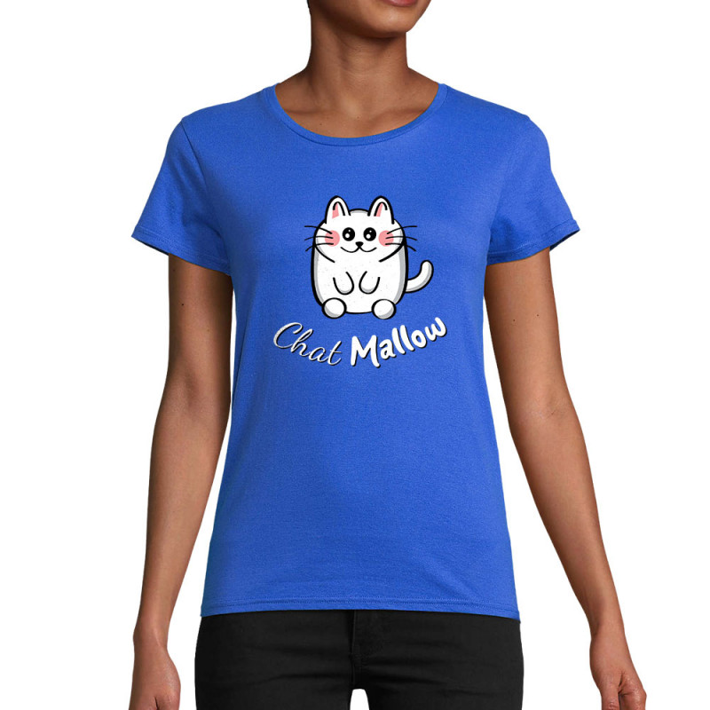 T-shirt femme coton bio bleu royal Chat Mallow (Trabe,Animaux,Chats)