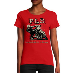 T-shirt femme coton bio rouge PLS Position latérale de speedage (Gondrax,Moto,Humour)