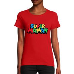 T-shirt femme coton bio rouge Super Maman Mario style (Trabe,Détournements,Papa Maman Papy Mamie,Fête des mères)