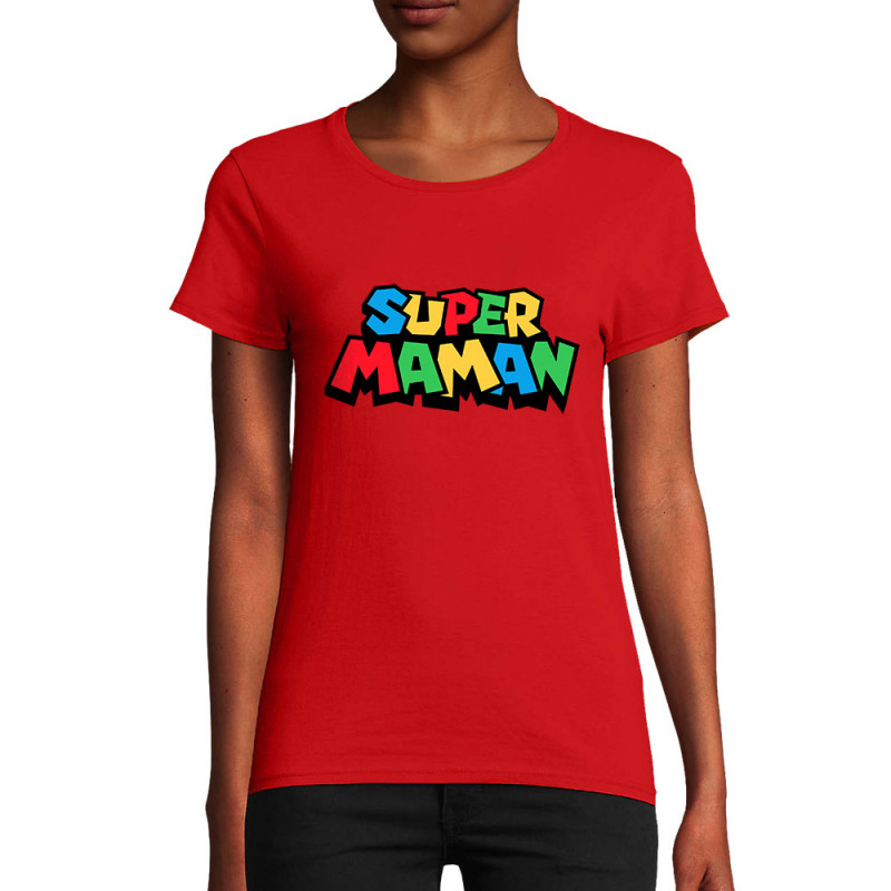 T-shirt femme coton bio rouge Super Maman Mario style (Trabe,Détournements,Papa Maman Papy Mamie,Fête des mères)