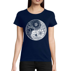 T-shirt femme coton bio bleu marine Ying Yang Flower (Gondrax,Divers,Ethnique)