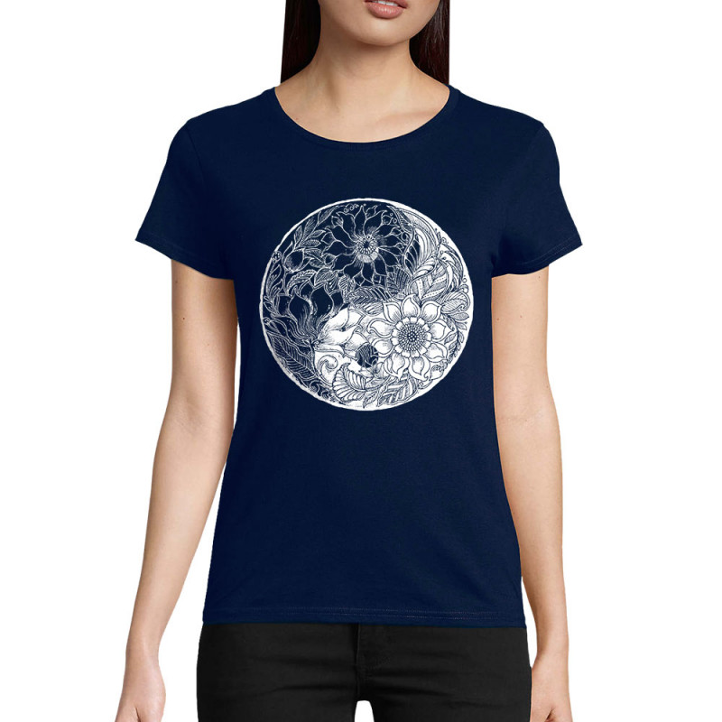 T-shirt femme coton bio bleu marine Ying Yang Flower (Gondrax,Divers,Ethnique)