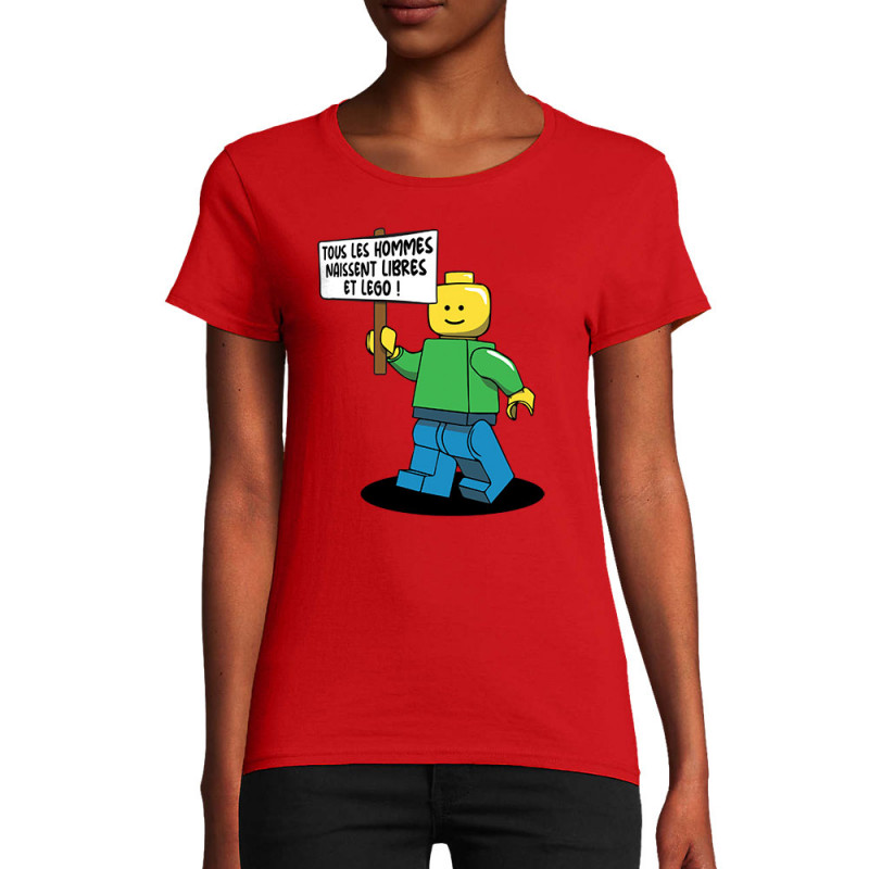 T-shirt femme coton bio rouge Libres et Légo (Humour,Slogans Débiles,Gondrax)