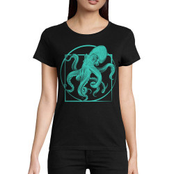 T-shirt femme coton bio noir Le poulpe de vitruve (Gondrax,Animaux,Détournements,Homme de Vitruve)