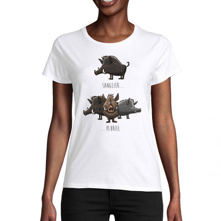 T-shirt femme coton bio blanc Sanglier Pluriel (Mr Mouton,Animaux,Humour)