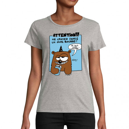 T-shirt femme coton bio gris chiné Ne croyez jamais un ours bourré (Animaux)