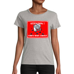 T-shirt femme coton bio gris chiné Attention chien mais chiant (Laul,Animaux,Humour)
