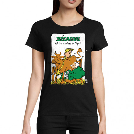 T-shirt femme coton bio noir Bécassine et la vache à 5 pis (Laul,Animaux,Humour)