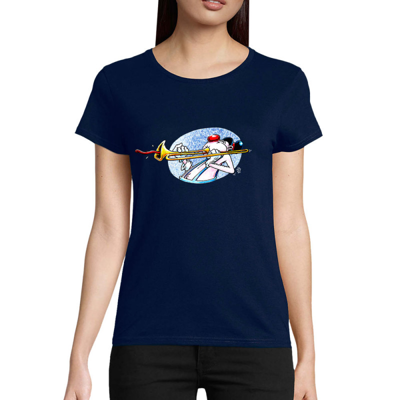 T-shirt femme coton bio bleu marine Trombone (Laul,Humour)