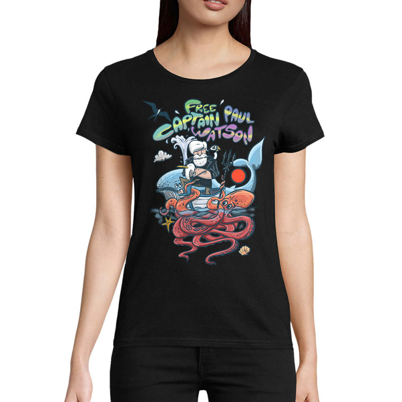 T-shirt femme coton bio noir Free Captain Paul Watson (Mr Mouton,Animaux,Slogans engagés)