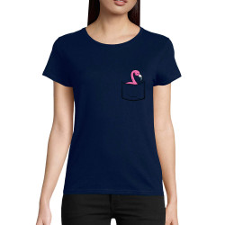 T-shirt femme coton bio bleu marine Un flamand rose dans la poche (Gondrax,Animaux)