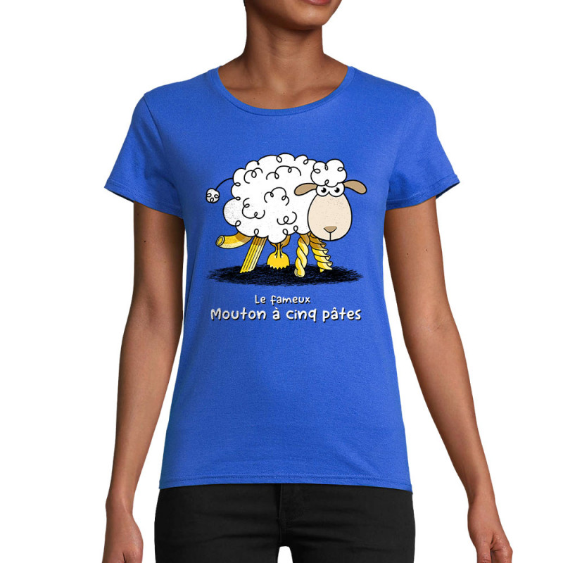 T-shirt femme coton bio bleu royal Le fameux mouton à cinq pâtes (Gondrax,Animaux,Humour)