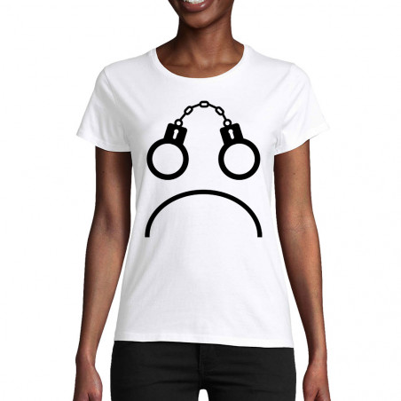 T-shirt femme coton bio blanc Menottes smiley (Gondrax,Slogans engagés,Humour)