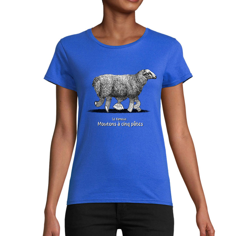 T-shirt femme coton bio bleu royal Le fameux mouton à 5 pâtes (Gondrax,Les Bébêtes,Animaux,Humour)